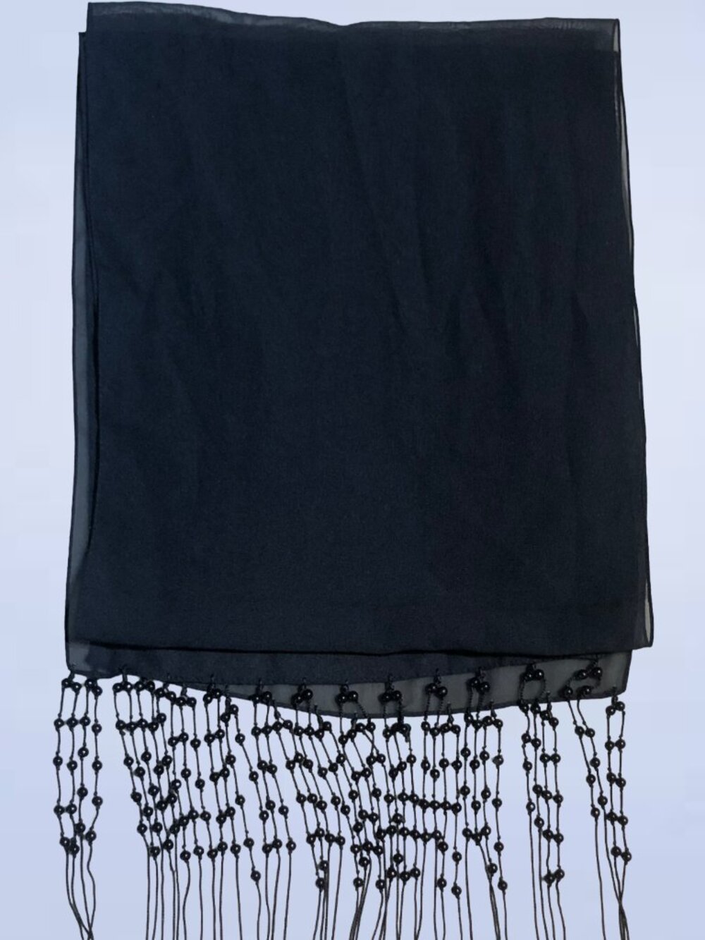 Black Sheer Scarf Featuring A Beaded Fringe Hem